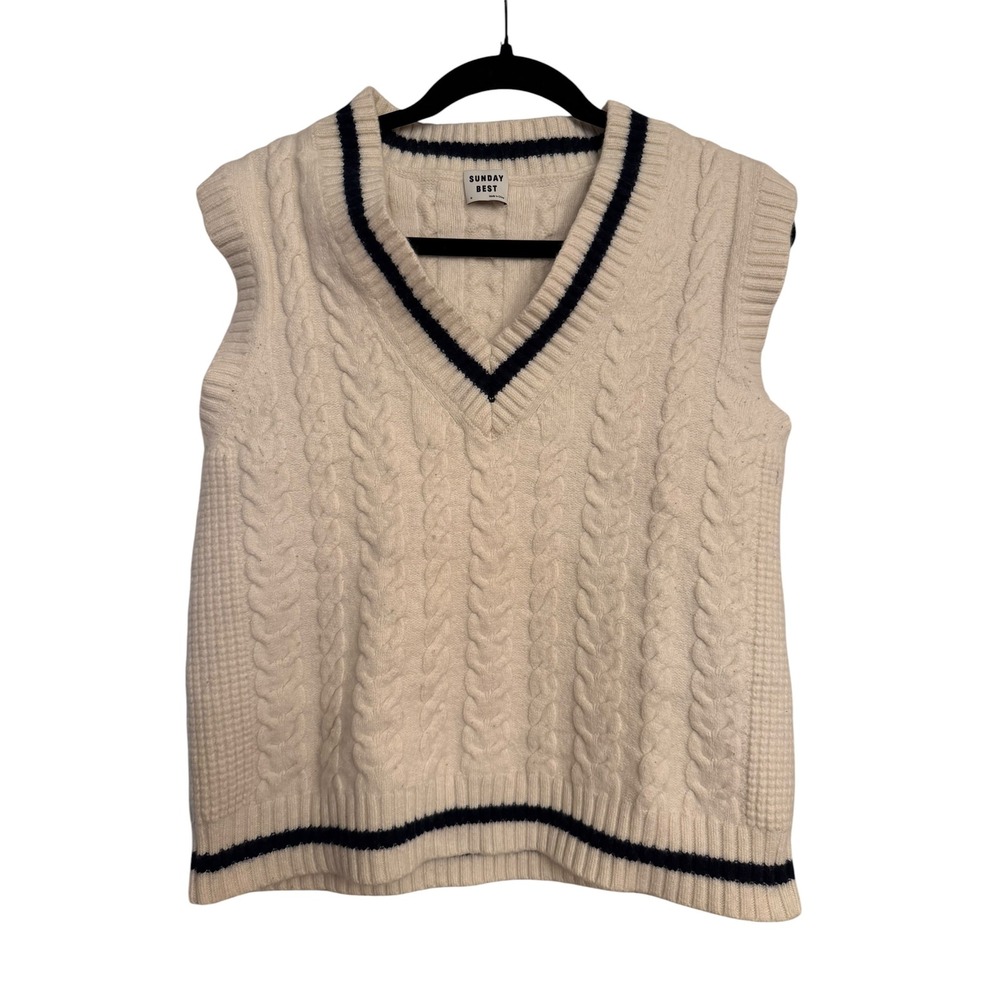 Aritzia Sunday Best Cable Knit Sweater Vest Cream Navy Merino Wool Blend Medium